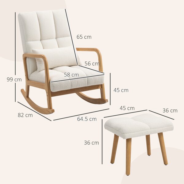 HOMCOM Poltrona a dondolo con poggiapiedi, rivestimento in fleece, schienale alto, gambe in legno, piedini, Bianco | Aosom Italy