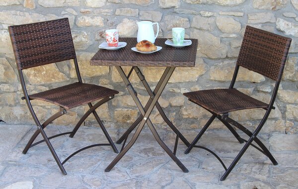 Set Tavolino e 2 Sedie Pieghevoli da Giardino in Polyrattan Bauer Duetto Marrone