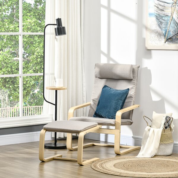 HOMCOM Poltrona Relax con Pouf Poggiapiedi, Poltrona in Legno e Tessuto Effetto Lino con Cuscino Poggiatesta, 67x69x100cm, Grigio|Aosom