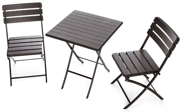 Set Tavolino e 2 Sedie Pieghevoli da Giardino in Ferro Taddei Plastik Wood Marrone Scuro