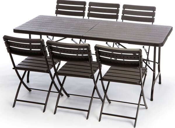 Set Tavolo e 6 Sedie Pieghevoli da Giardino in Ferro Taddei Plastik Wood Marrone Scuro