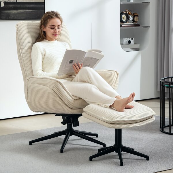 HOMCOM Poltrona imbottita girevole con poggiapiedi, moderno recliner per soggiorno, camera da letto, home office, Beige | Aosom Italy