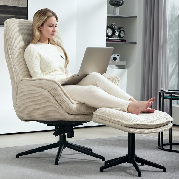 HOMCOM Poltrona imbottita girevole con poggiapiedi, moderno recliner per soggiorno, camera da letto, home office, Beige | Aosom Italy