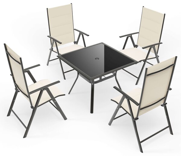 Set Tavolino e 4 Sedie Pieghevoli da Giardino in Ferro e Textilene Taddei Alcor Nero e Beige