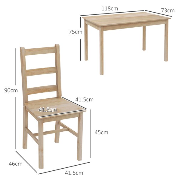 HOMCOM Set da pranzo 5 pezzi Tavolo con sedie, Massello, 118 cm x 73 cm x 75 cm, Legno naturale | Aosom Italy
