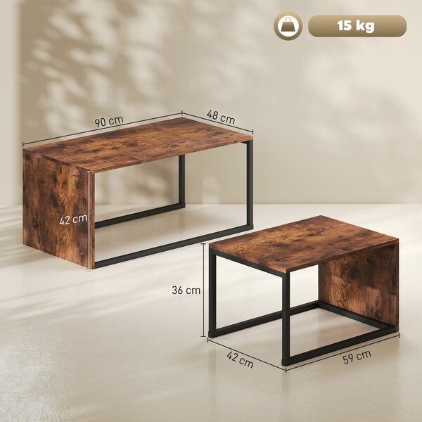HOMCOM Set 2 pezzi tavolini, tavolino da salotto, tavolino laterale, pannello truciolare, metallo, 90 x 48 x 42 cm/59 x 42 x 36 cm, Nero+Marrone | Aosom Italy