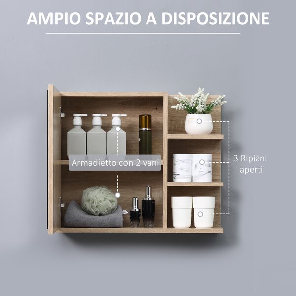 Kleankin Mobile Specchiera Bagno a Parete, Armadietto Pensile con Anta e Ripiani in Legno, 60x18x50cm, Naturale|Aosom