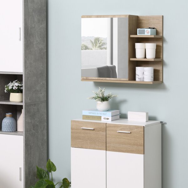 Kleankin Mobile Specchiera Bagno a Parete, Armadietto Pensile con Anta e Ripiani in Legno, 60x18x50cm, Naturale|Aosom