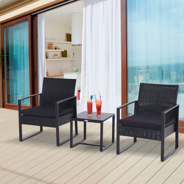 Set Tavolino e 2 Sedie da giardino in Rattan Sintetico con Cuscini Nero