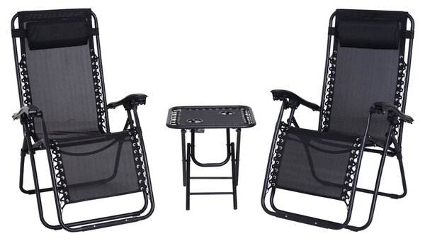 Set 2 Sedie a Sdraio e Tavolino da Giardino Regolabili Pieghevoli Tessuto di Textilene Nero