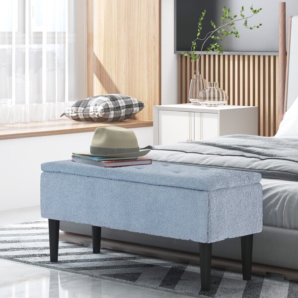HOMCOM Panca imbottita con contenitore, baule, effetto cashmere, fino a 120 kg, struttura in legno naturale, 95 x 38 x 45 cm, Blu | Aosom Italy