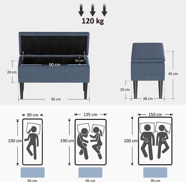 HOMCOM Panca imbottita con contenitore, baule, effetto cashmere, fino a 120 kg, struttura in legno naturale, 95 x 38 x 45 cm, Blu | Aosom Italy