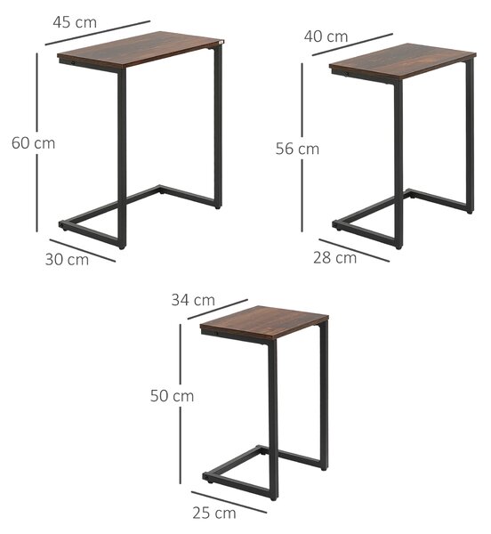 HOMCOM tavolino a set, tavolino da appoggio, set da 3, design industriale, telaio in acciaio, marrone+nero, 45 x 30 x 60cm | Aosom Italy