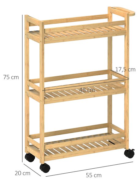 HOMCOM Carrello servitore, 3 livelli, ripiani a doghe, protezione anti-caduta, bambù, 55 x 20 x 75 cm | Aosom Italy