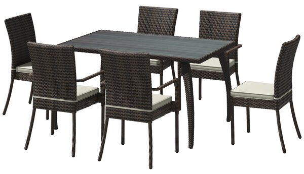 Set Tavolo e 6 Sedie da giardino in Legno e Rattan Sintetico con Cuscini Marrone
