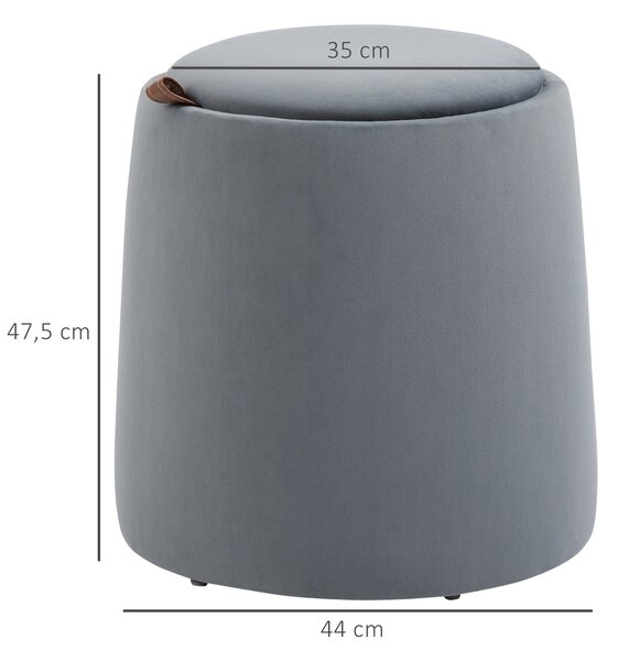HOMCOM Pouf 2-in-1 effetto velluto con contenitore e coperchio rimovibile Ø44 cm x 47,5 cm Grigio | Aosom Italy