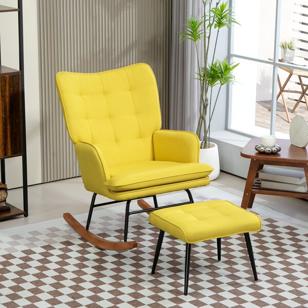 HOMCOM Poltrona a dondolo con ottomane design scandinavo, poltrona con poggiapiedi, legno di faggio, trapuntatura, 64 cm x 89 cm x 90 cm Giallo | Aosom Italy