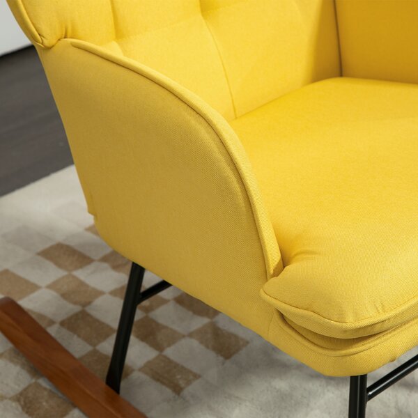 HOMCOM Poltrona a dondolo con ottomane design scandinavo, poltrona con poggiapiedi, legno di faggio, trapuntatura, 64 cm x 89 cm x 90 cm Giallo | Aosom Italy