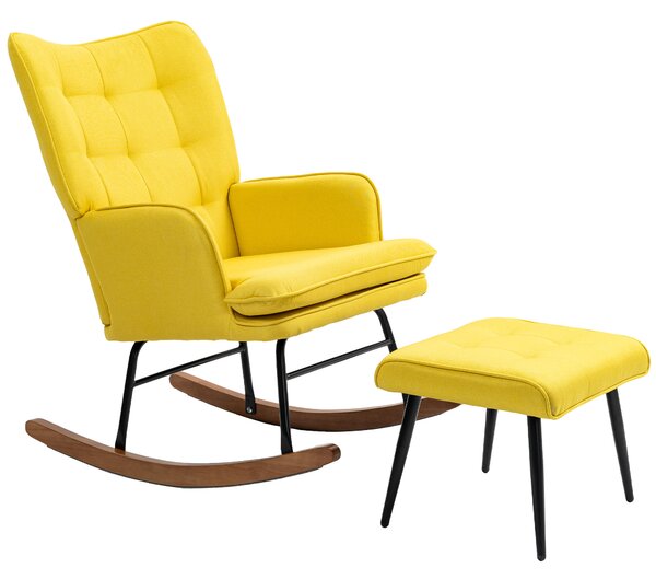HOMCOM Poltrona a dondolo con ottomane design scandinavo, poltrona con poggiapiedi, legno di faggio, trapuntatura, 64 cm x 89 cm x 90 cm Giallo | Aosom Italy