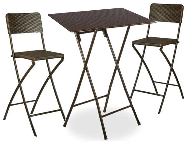Set Tavolino e 2 Sedie Pieghevoli da Giardino in Metallo e Wicker Moka