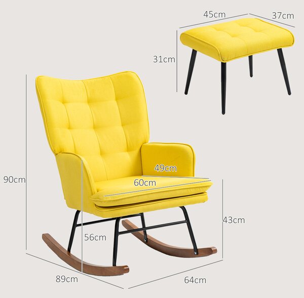 HOMCOM Poltrona a dondolo con ottomane design scandinavo, poltrona con poggiapiedi, legno di faggio, trapuntatura, 64 cm x 89 cm x 90 cm Giallo | Aosom Italy