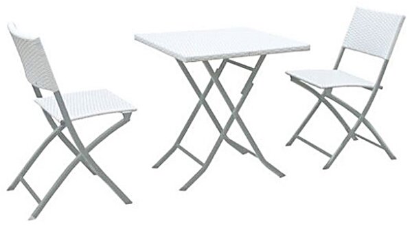 Set Tavolino e 2 Sedie Pieghevoli da Giardino in Metallo e Wicker Bianco
