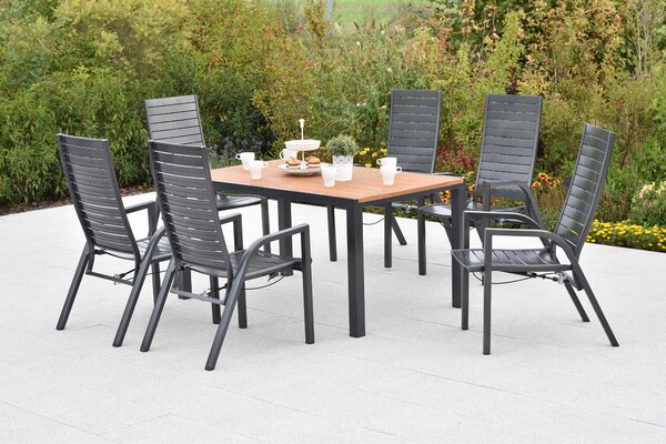 Set di mobili da giardino Merxx Siros, 7 pezzi: 6 poltrone regolabili tramite molla a gas, tavolo 150 x 90 cm - acacia/alluminio