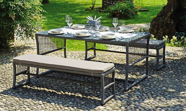 Set Tavolo e 2 Panche da Giardino in Wicker Intrecciato Vorghini Villasimius Grigio