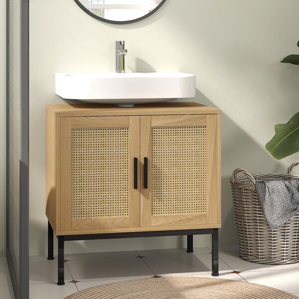 Kleankin Mobile sottolavabo, design boho, mobile bagno, elementi in rattan, con incavo a U, Rovere | Aosom Italy