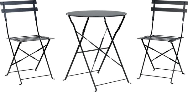 BELIANI Set bistrot da 3 pezzi in metallo nero, acciaio, sedia pieghevole e tavolo per balcone