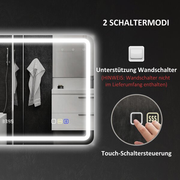 HOMCOM Specchio da bagno con illuminazione LED, piastra antiappannamento, 3 colori regolabili, orologio, 700 x 900 mm, color argento | Aosom Italy