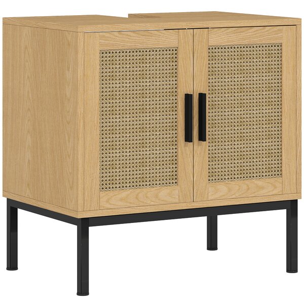 Kleankin Mobile sottolavabo, design boho, mobile bagno, elementi in rattan, con incavo a U, Rovere | Aosom Italy