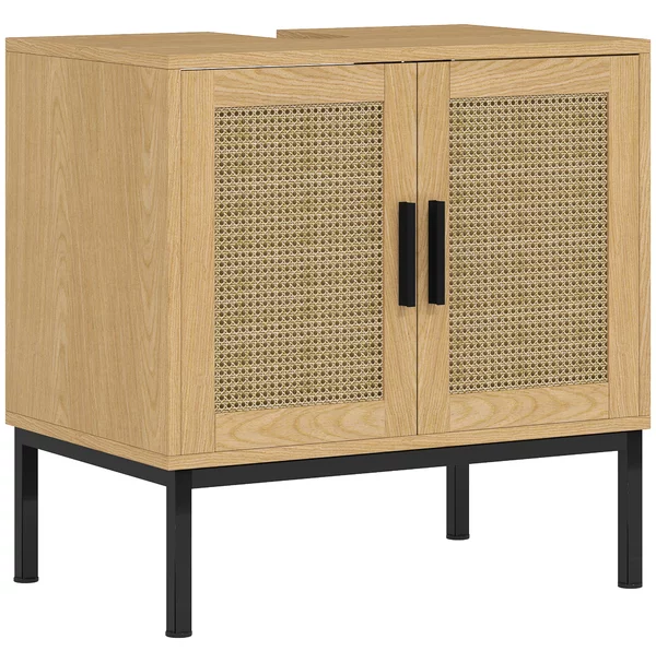 Kleankin Mobile sottolavabo, design boho, mobile bagno, elementi in rattan, con incavo a U, Rovere | Aosom Italy