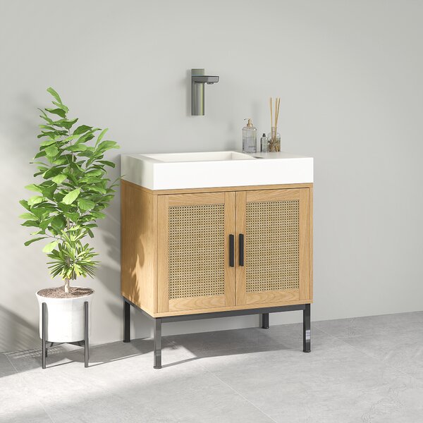 Kleankin Mobile sottolavabo, design boho, mobile bagno, elementi in rattan, con incavo a U, Rovere | Aosom Italy