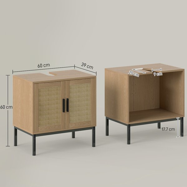 Kleankin Mobile sottolavabo, design boho, mobile bagno, elementi in rattan, con incavo a U, Rovere | Aosom Italy