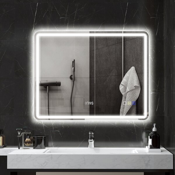 HOMCOM Specchio da bagno con illuminazione LED, piastra antiappannamento, 3 colori regolabili, orologio, 700 x 900 mm, color argento | Aosom Italy