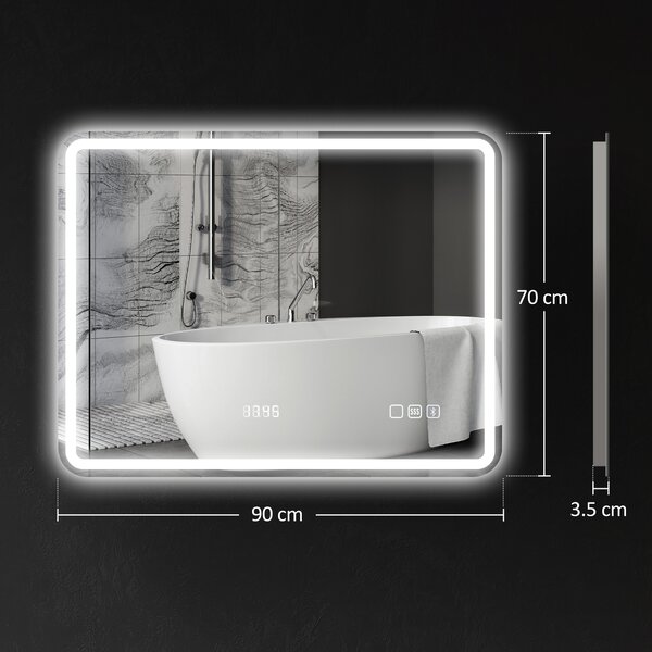 HOMCOM Specchio da bagno con illuminazione LED, piastra antiappannamento, 3 colori regolabili, orologio, 700 x 900 mm, color argento | Aosom Italy