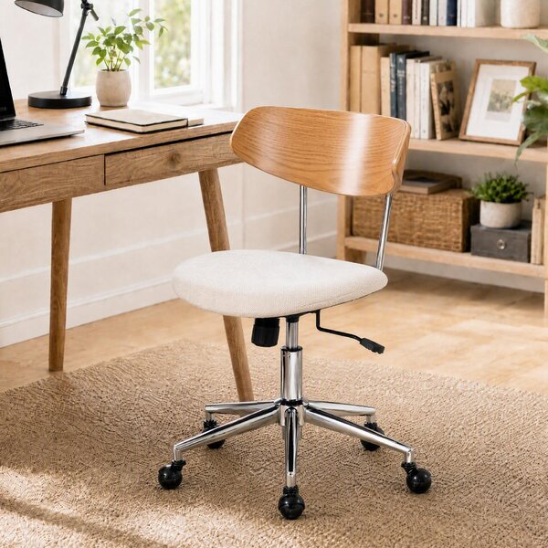 Sedia da ufficio beige, in tessuto chenille, con struttura in metallo, dimensioni 57,5 x 60 x 71 cm