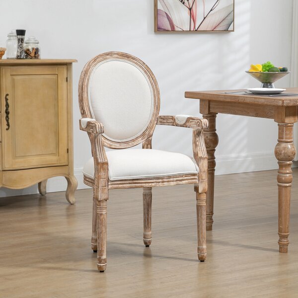 HOMCOM Sedia da pranzo design retrò Sedia cucina imbottita effetto lino con braccioli schienale Sedia soggiorno imbottita per tavolo da pranzo Legno di gomma Bianco crema+colore legno | Aosom Italy