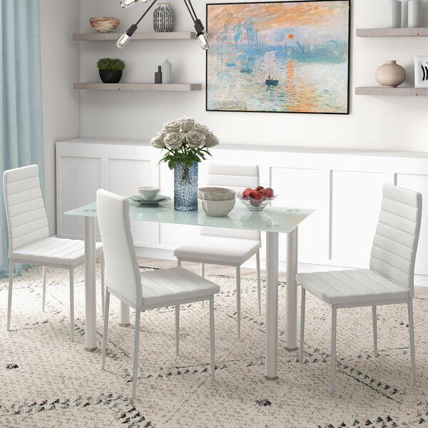 HOMCOM Set 5 pz. Set sala da pranzo Tavolo con 4 sedie, design moderno, tavolo in vetro, bianco | Aosom Italy