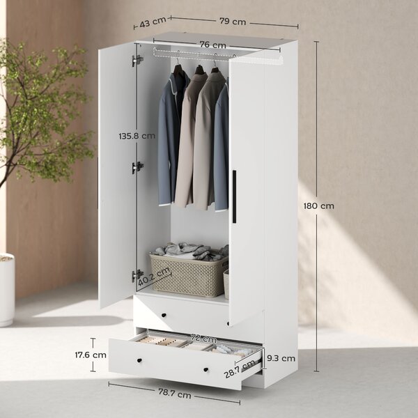 HOMCOM Armadio, 2 ante, vano appendiabiti, bastone appendiabiti, 2 cassetti, truciolato, Bianco | Aosom Italy