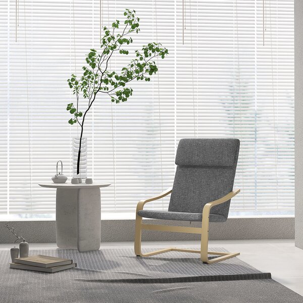 HOMCOM Poltrona con poggiatesta e braccioli, rivestimento effetto lino, struttura in legno, Grigio + Naturale | Aosom Italy