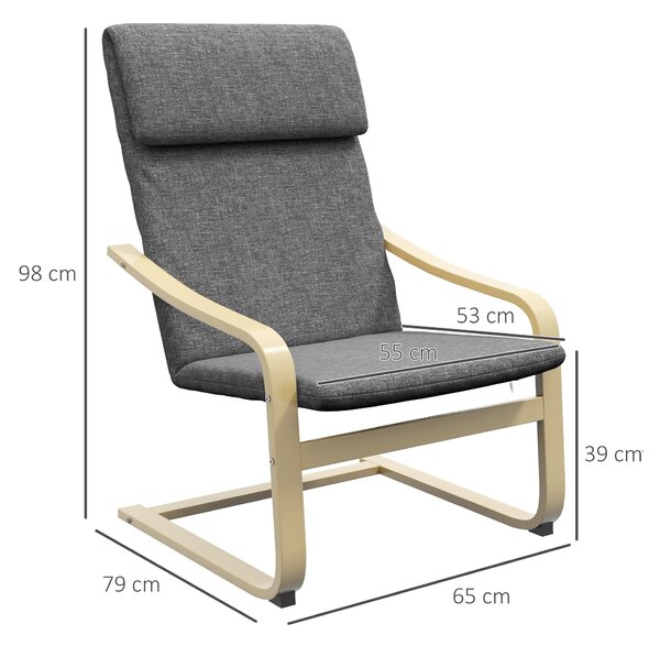 HOMCOM Poltrona con poggiatesta e braccioli, rivestimento effetto lino, struttura in legno, Grigio + Naturale | Aosom Italy