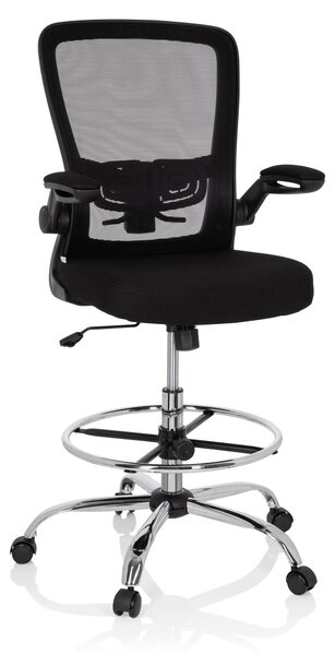 Sedia da ufficio in tessuto nero, con braccioli pieghevoli e poggiapiedi a forma di anello