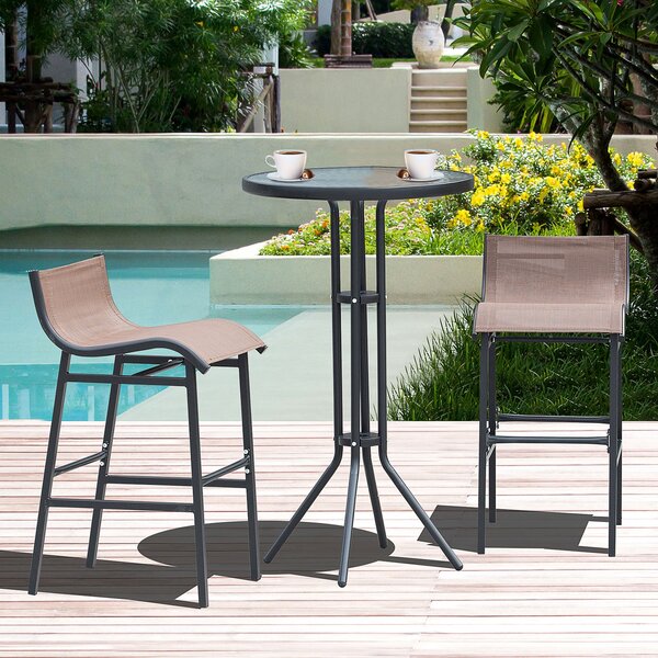 Set Bar Tavolino ALto e 2 Sgabelli da Giardino Nero e Marrone