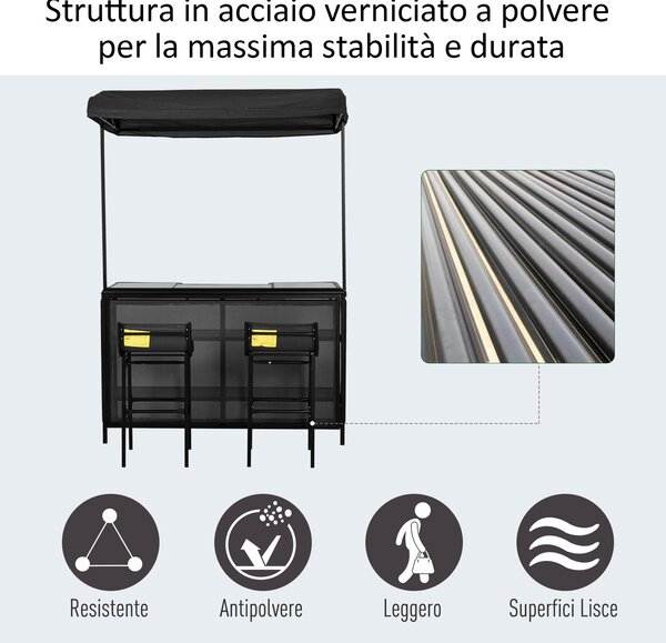 Set Bar Tavolo e 2 Sgabelli da Giardino in Acciaio e Teslin Nero