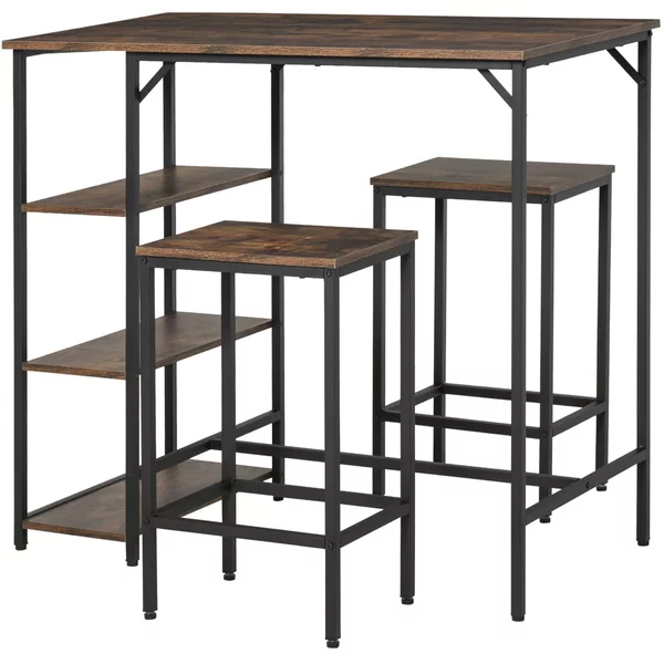 Set Tavolo Alto 109x60x100 cm e 2 Sgabelli in Metallo e Truciolare Marrone