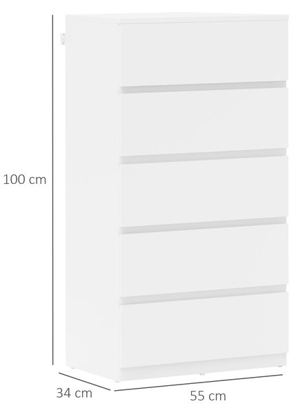 HOMCOM Cassettiera Sideboard Cassettiera a cassetti, 5 cassetti, 55 cm x 34 cm x 100 cm, Bianco | Aosom Italy