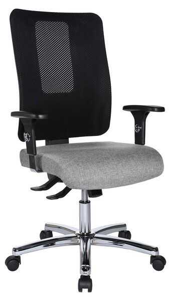 Sedia girevole da ufficio, rivestita in tessuto, con elementi cromati, colore grigio e nero, dimensioni 58x60x128 cm