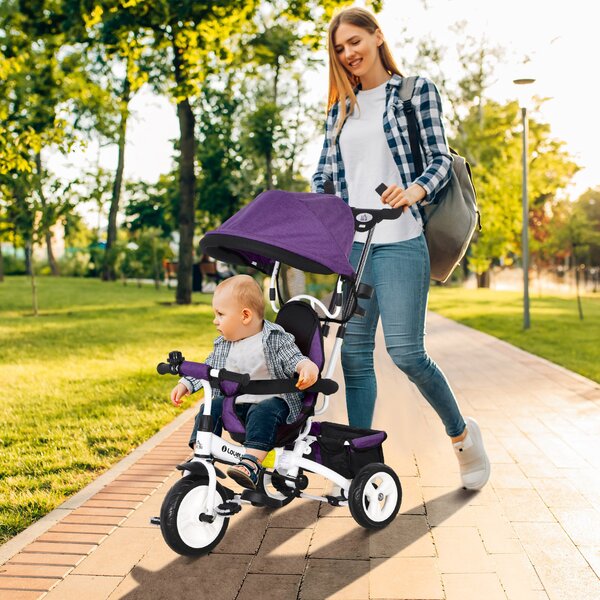 HOMCOM Triciclo 6-in-1 con barra spingibile, cappottina, cintura, cestino portaoggetti, per 1-5 anni, Blu | Aosom Italy